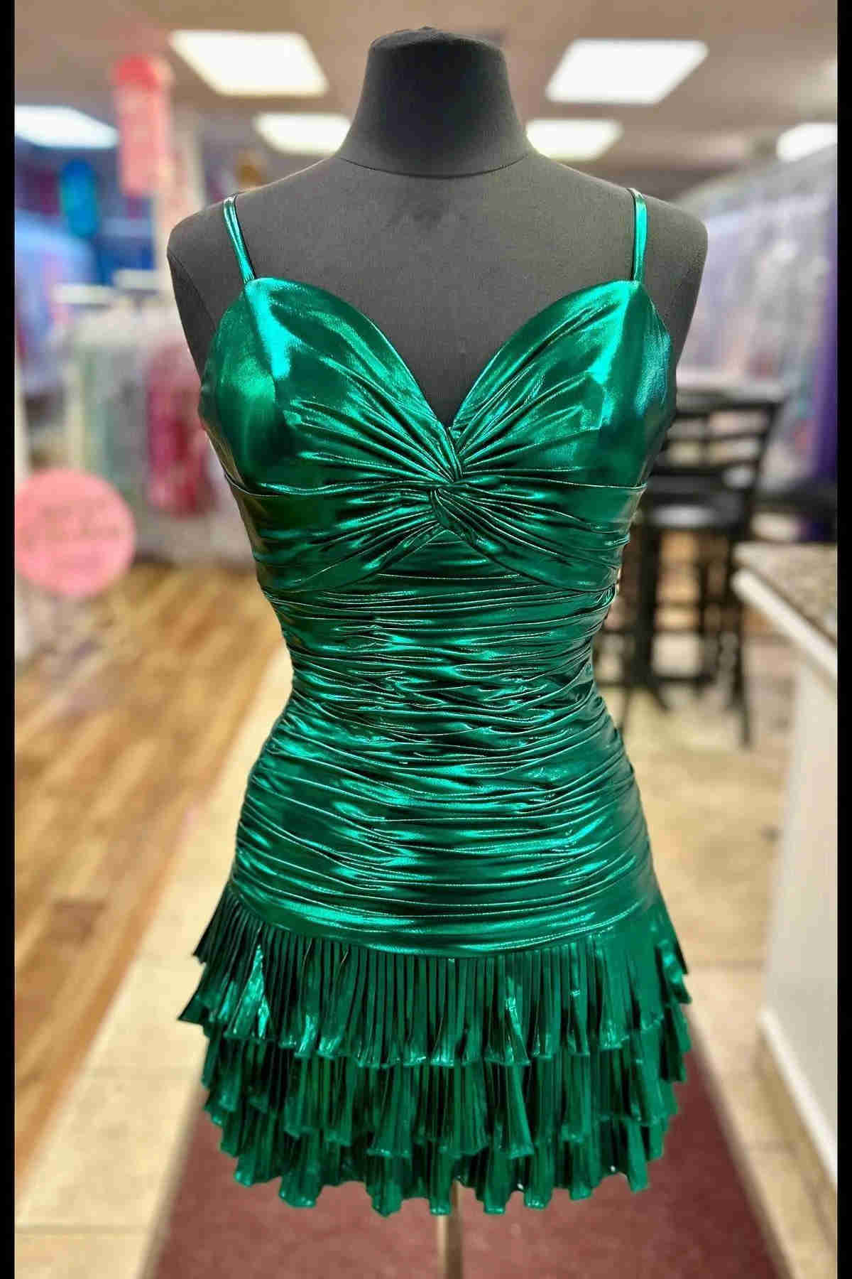 Sparkly Metallic Green Straps Knotted Short Homecoming Dress with Ruff Sparkly Metallic Green Straps Knotted Short Homecoming Dress with Ruff
