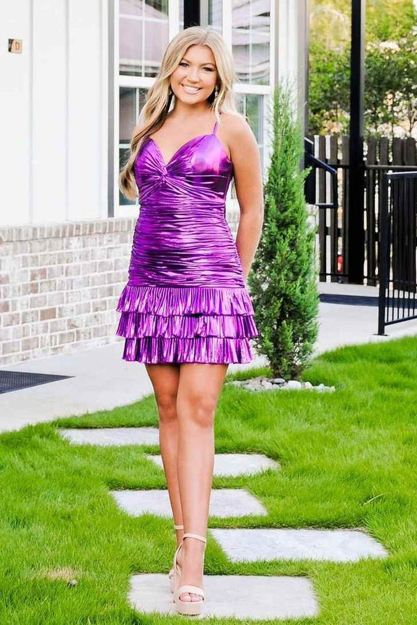 Ziya | Sparkly Metallic Green Straps Knotted Short Homecoming Dress with Ruffles