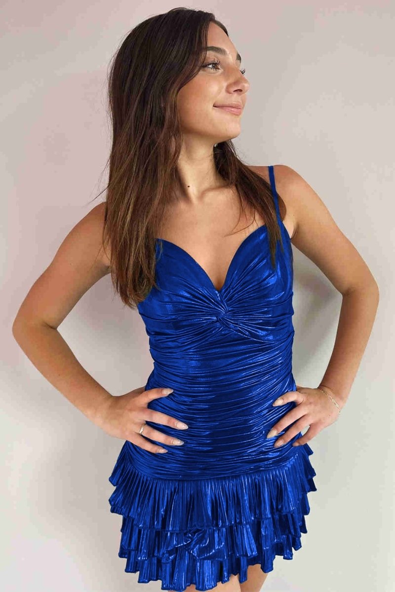 Ziya | Sparkly Metallic Green Straps Knotted Short Homecoming Dress with Ruffles