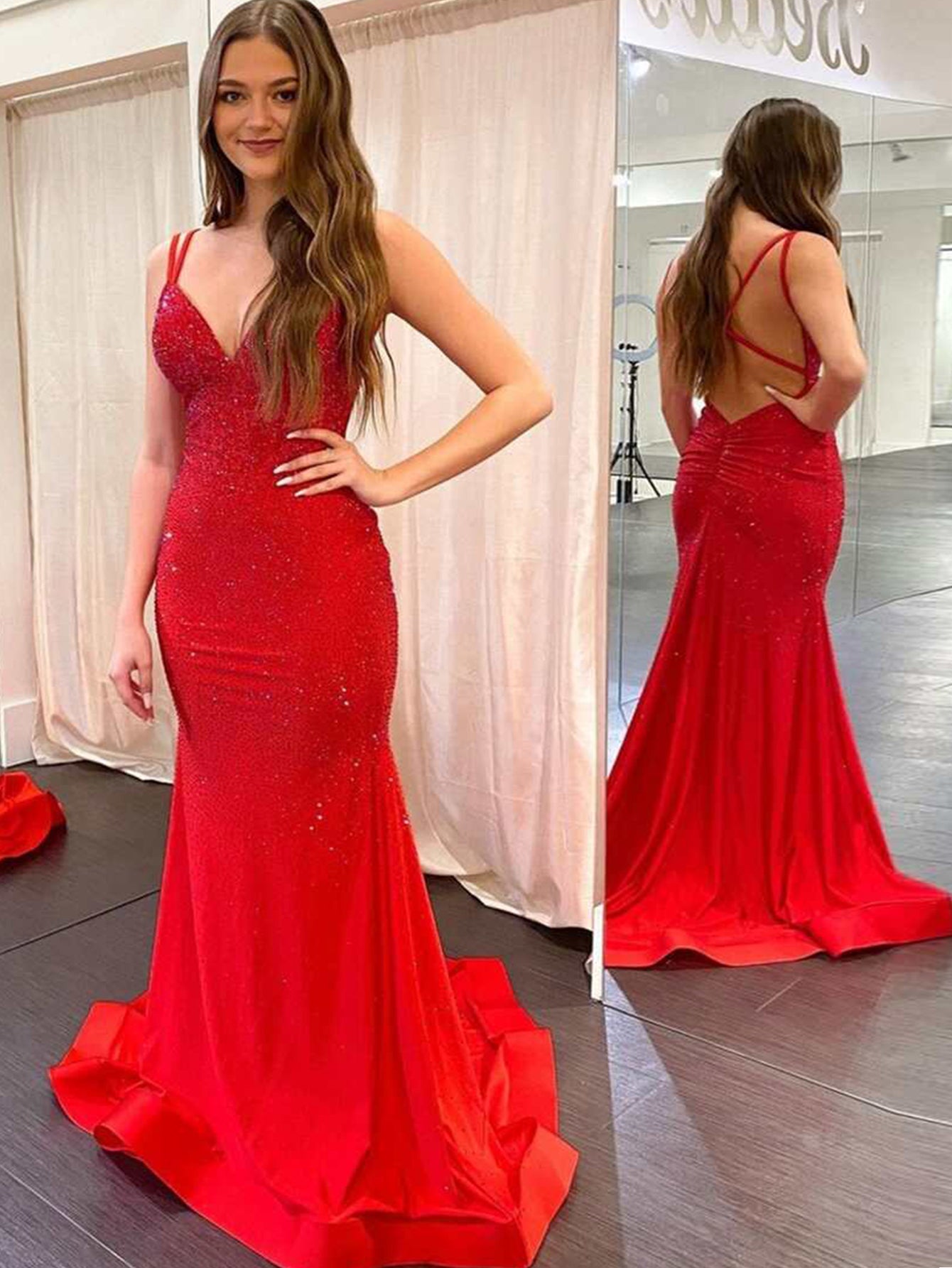 Marlee |Mermaid V Neck Beaded Jersey Prom Dress