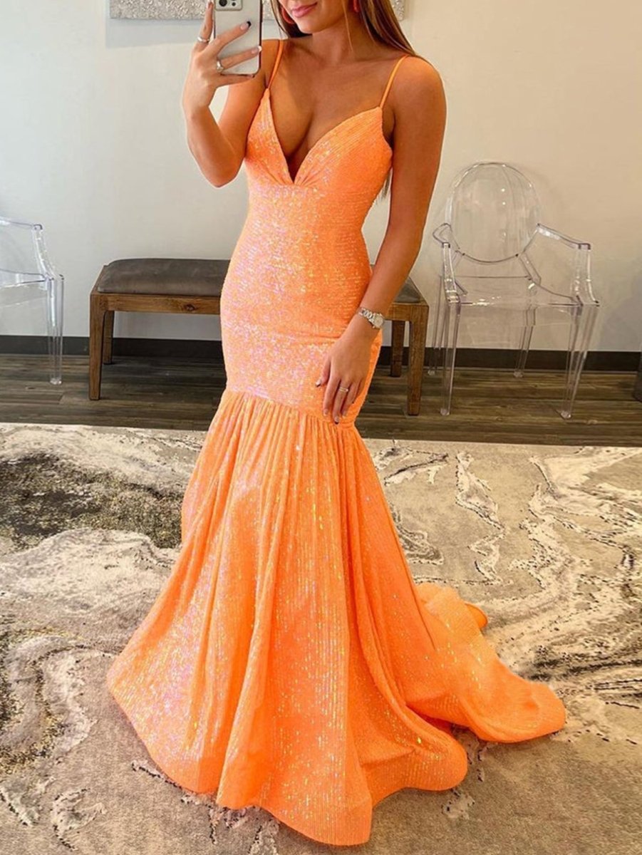 Amaris Mermaid Orange V Neck Sequins Prom Dress with Court Train KissProm
