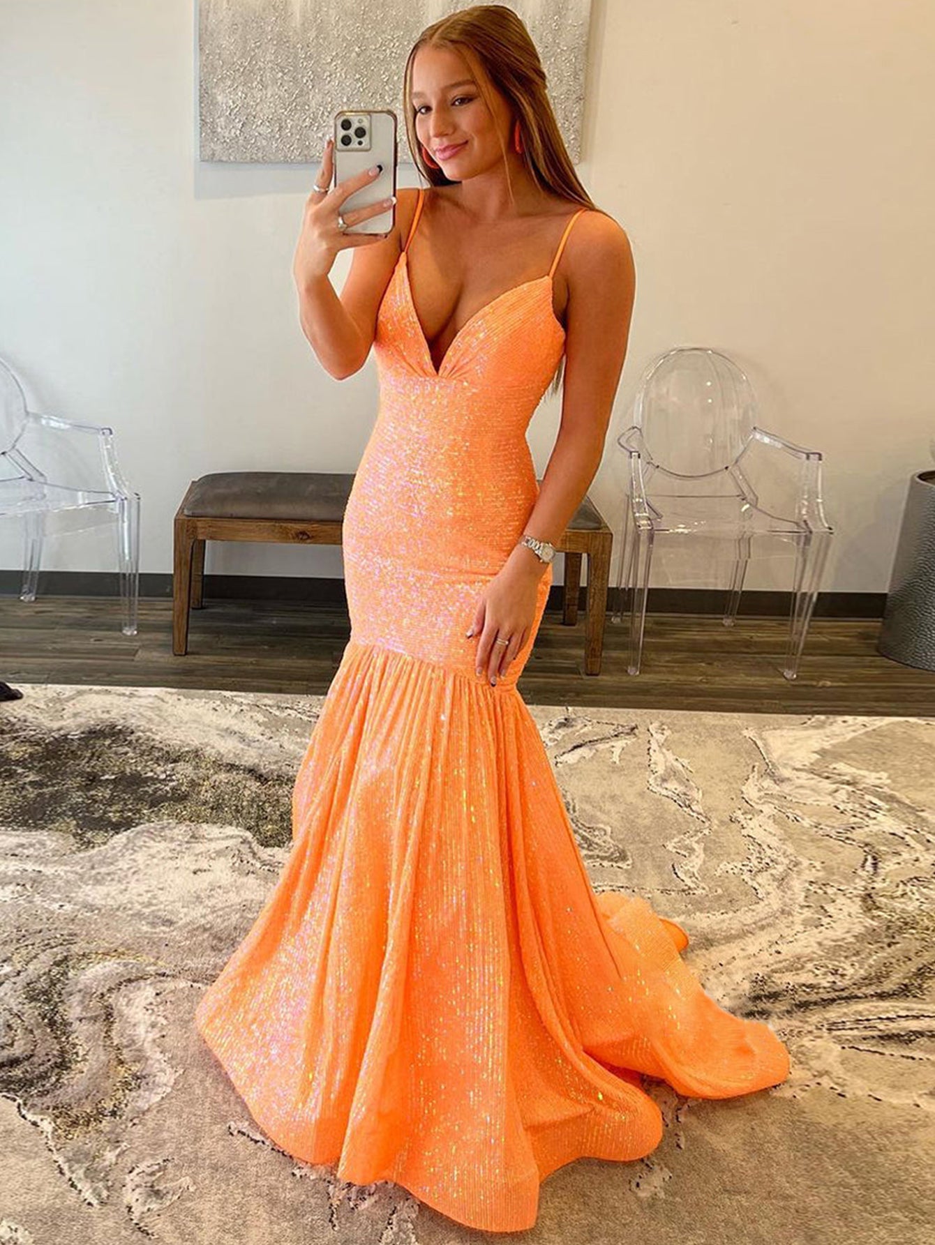 Amaris |Mermaid Orange V Neck Sequins Prom Dress