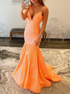 Amaris |Mermaid Orange V Neck Sequins Prom Dress - KissProm