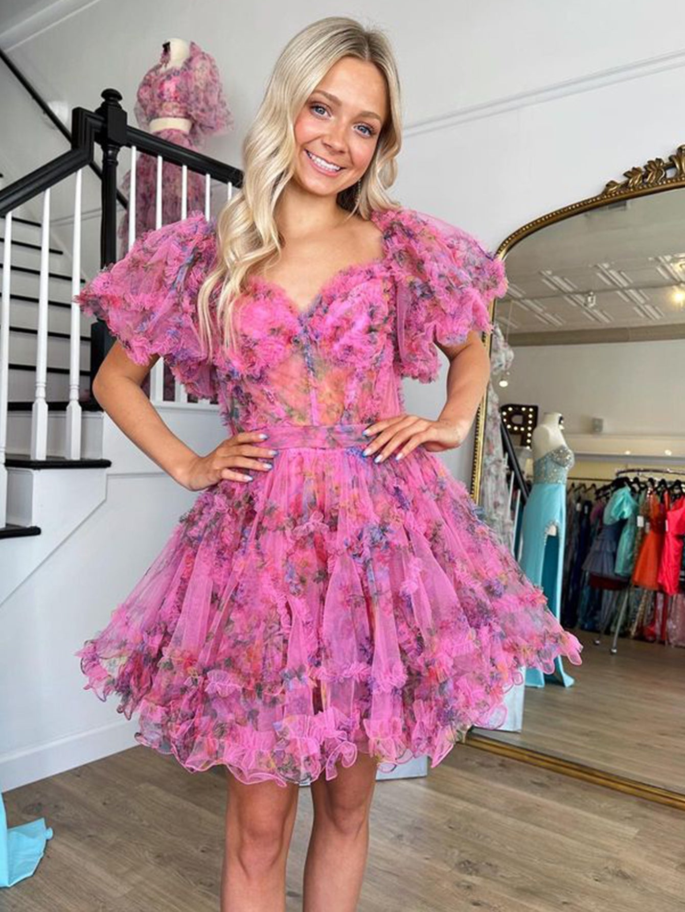 Ivana |A Line Off the Shoulder Floral Printed Homecoming Dress