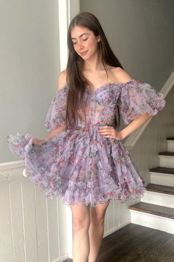 Ivana | Light Purple A Line Off the Shoulder Printed Homecoming Dress