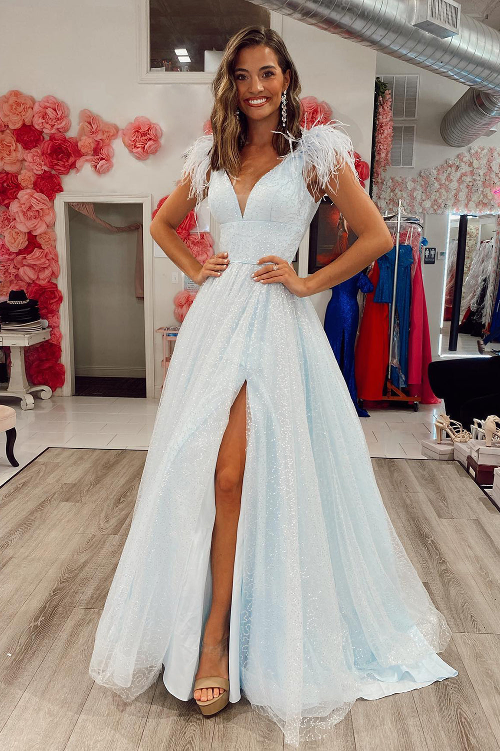 Carolina |A-Line V Neck Sequined Tulle Prom Dress with Slit