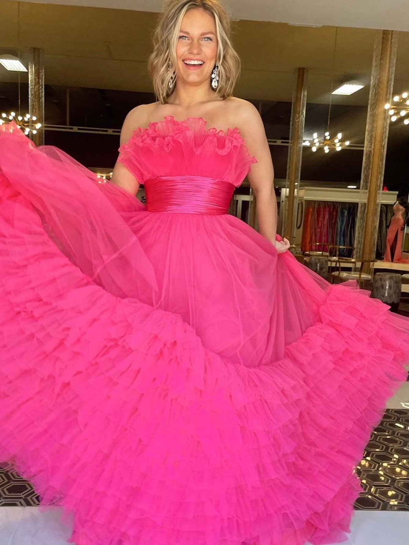 Alani |A-Line Strapless Pink Tiered Long Tulle Prom Dress