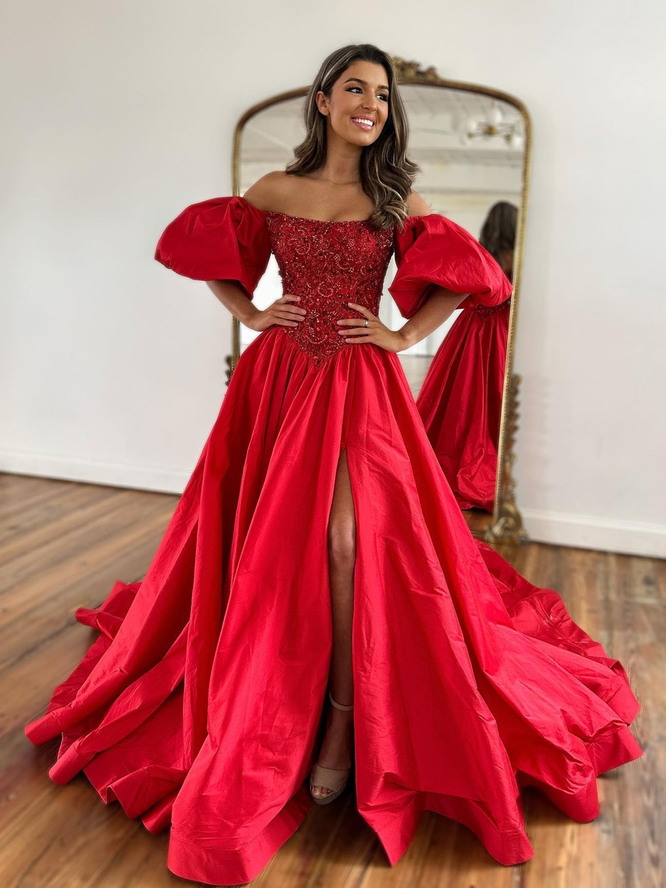 Liana |A-Line Off The Shoulder Taffeta Prom Dress With Short Puffy Sleeves