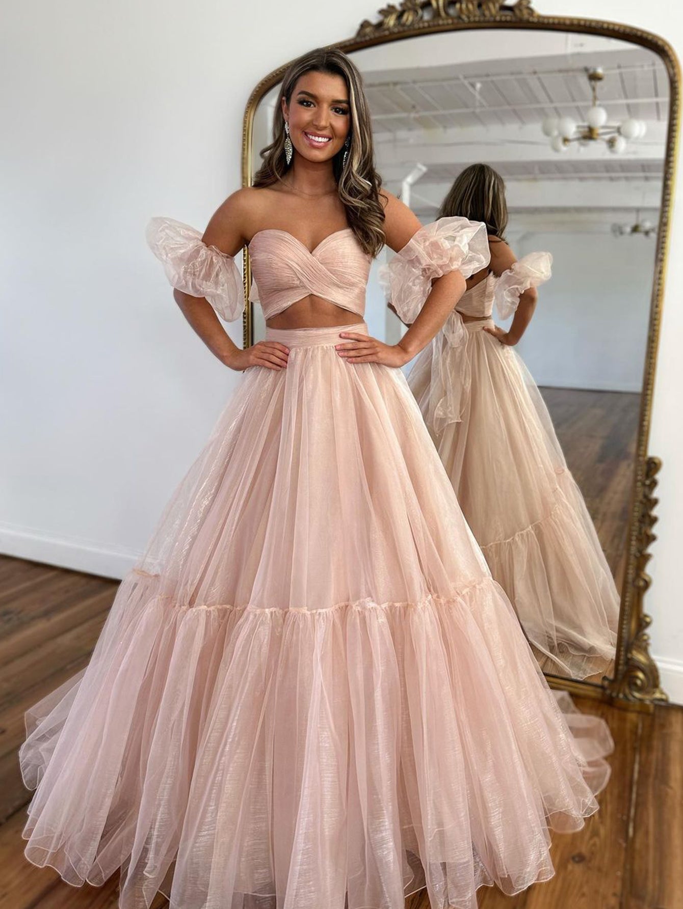 Celina |A Line Off The Shoulder Pink Two Pieces Long Prom Dress