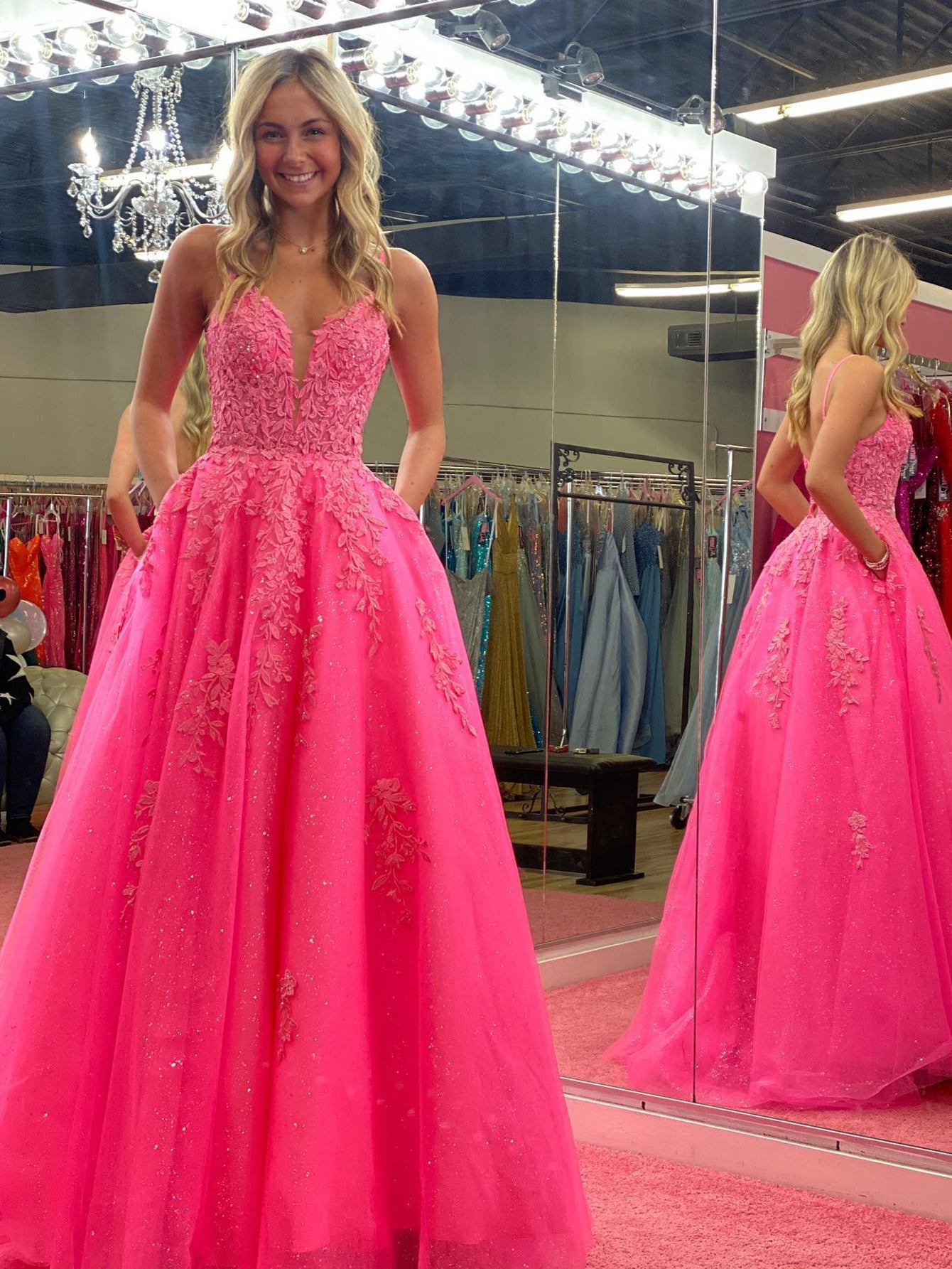 Angelina |V Neck Pink A Line Lace Long Prom Dress