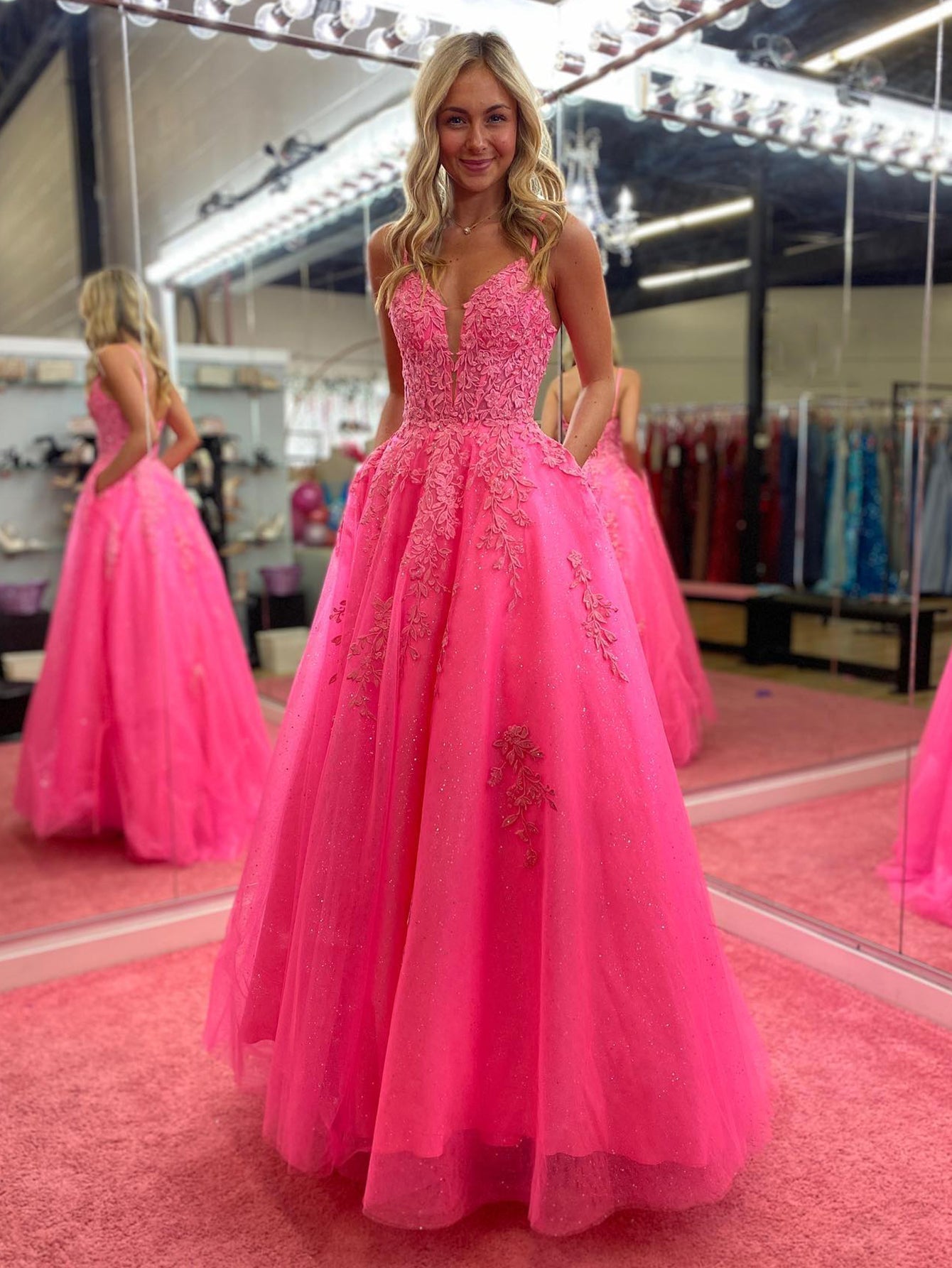 Angelina |V Neck Pink A Line Lace Long Prom Dress