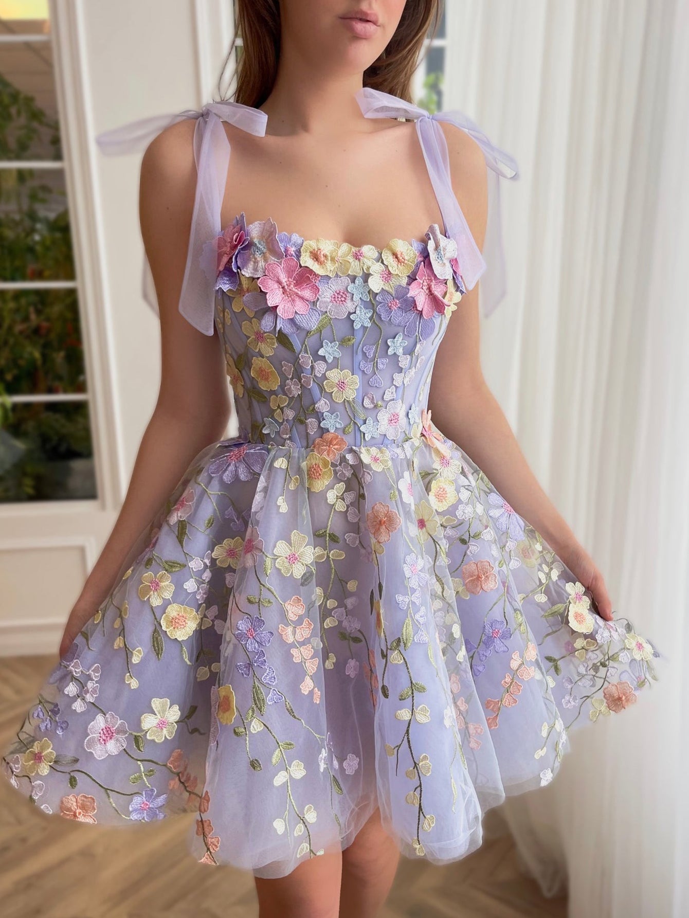 Sarah | A-Line Lilac Short Homecoming Dress with 3D Flowers