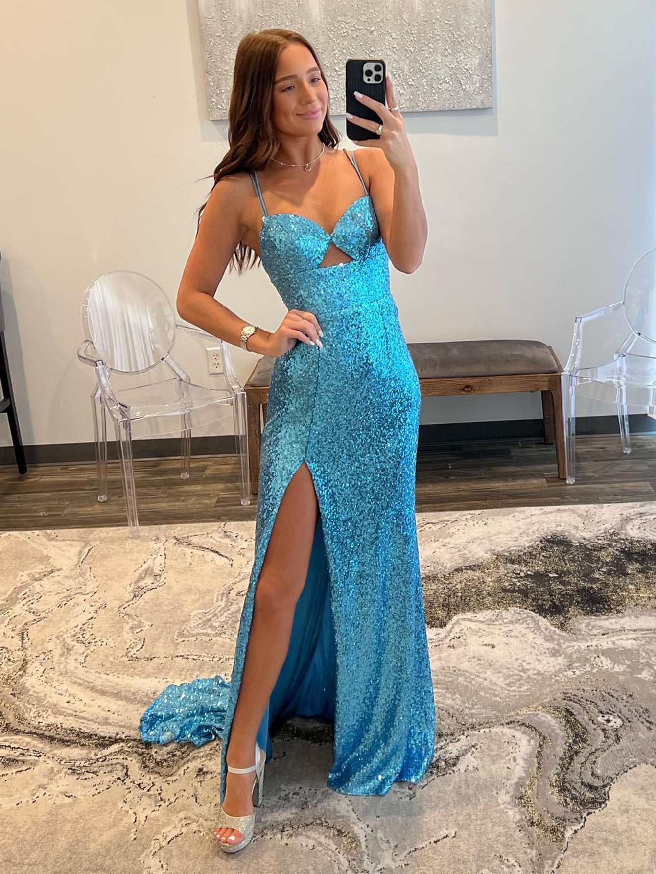 Mermaid V Neck Cutout Blue Long Prom Dress