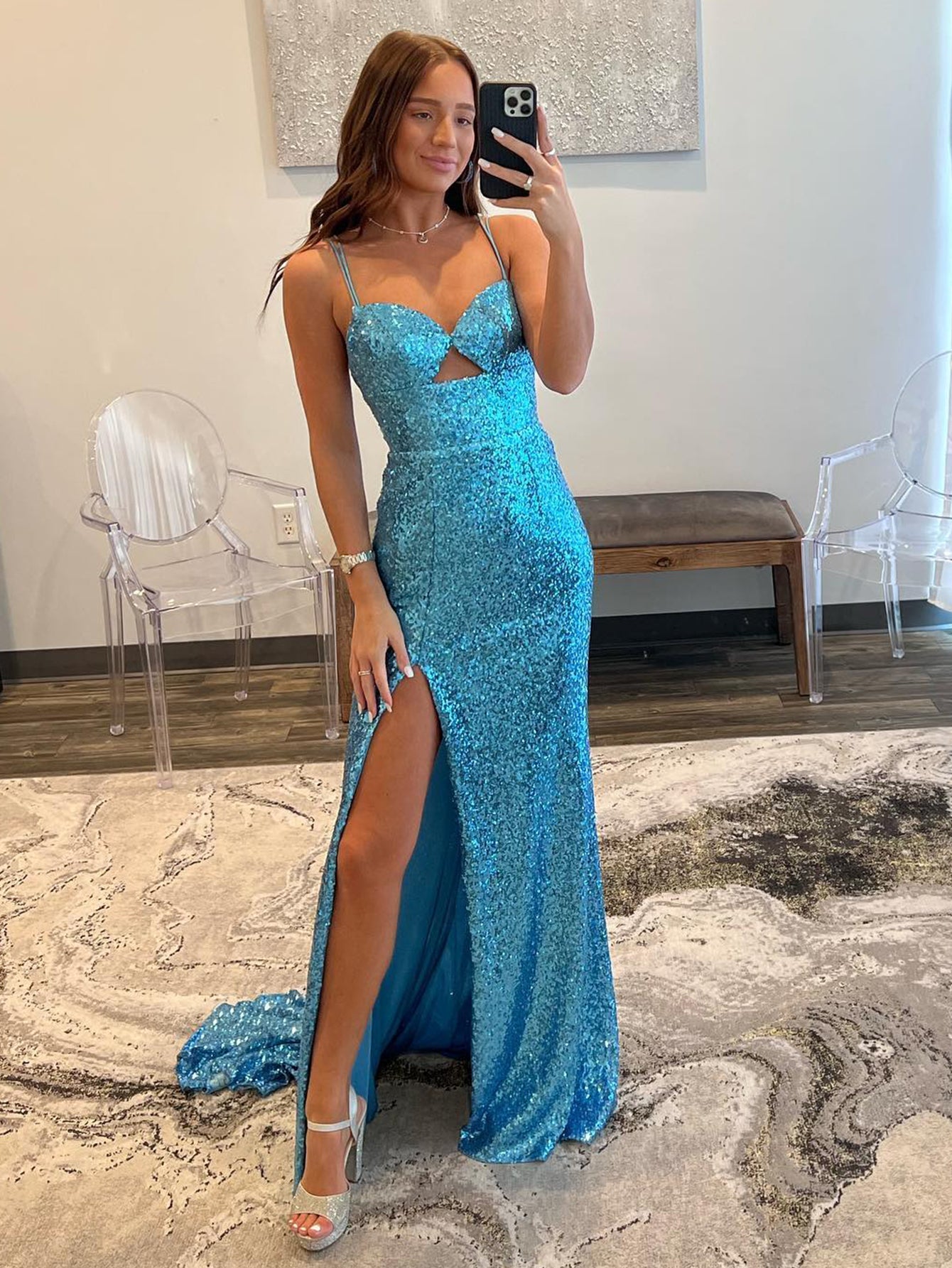 Mermaid V Neck Cutout Blue Long Prom Dress