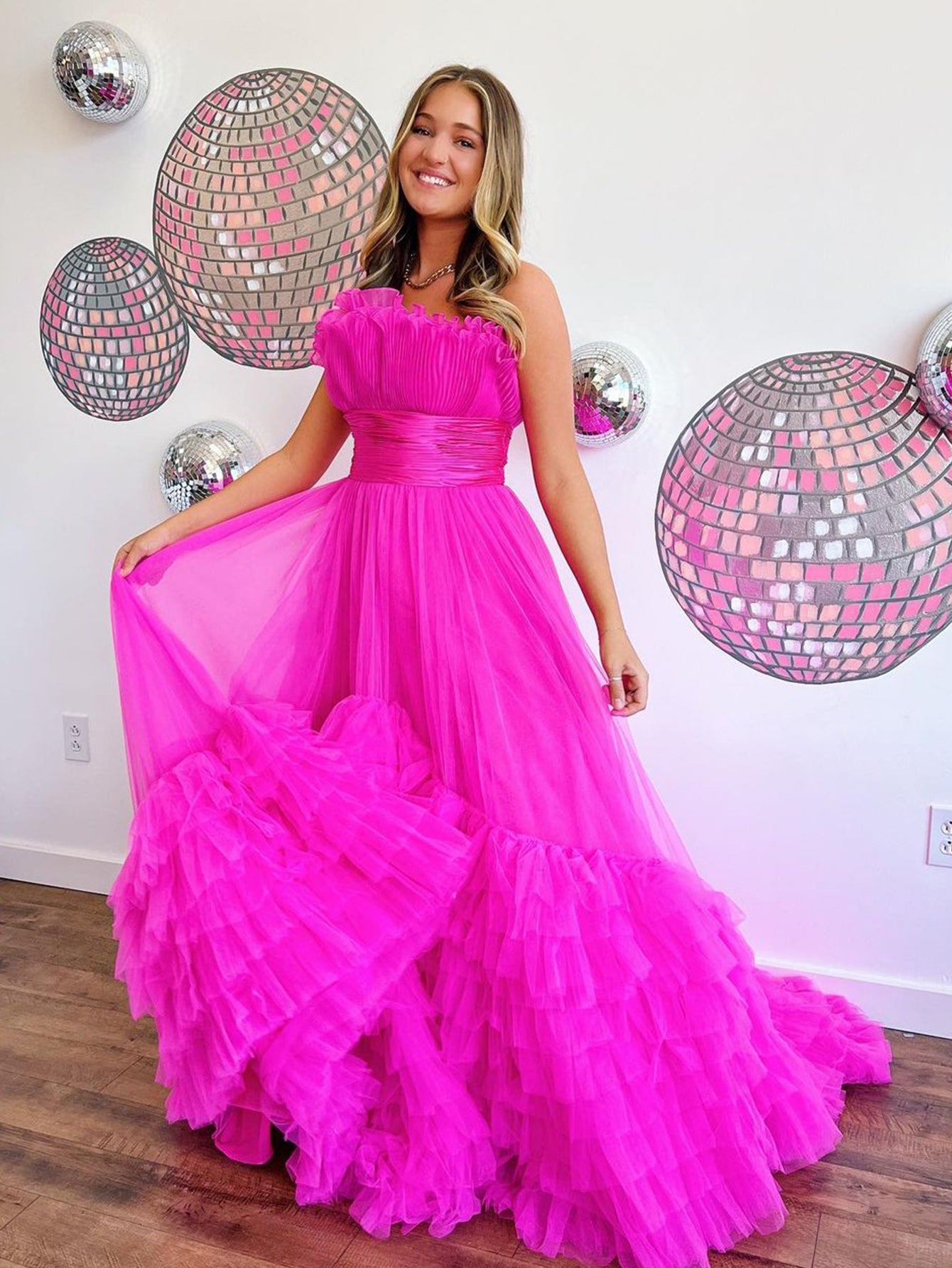 Alani |A-Line Strapless Pink Tiered Long Tulle Prom Dress