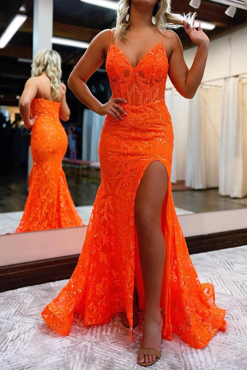 Lakelynn Orange Mermaid Spaghetti Straps Sequined Lace Prom Dress with Slit