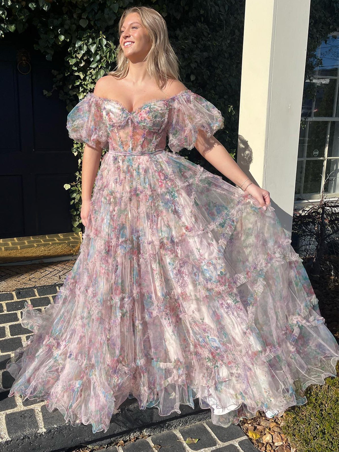Sydney |A Line Sweetheart Printed Tulle Long Prom Dress