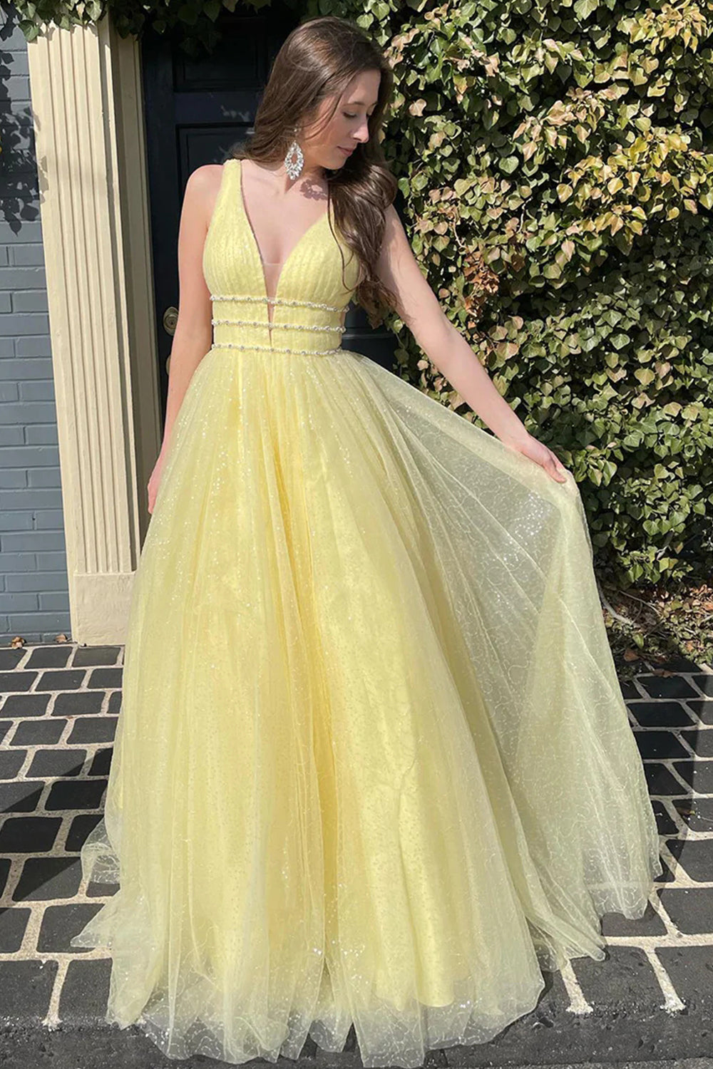 Alaiya |A-Line V Neck Glitter Tulle Prom Dress