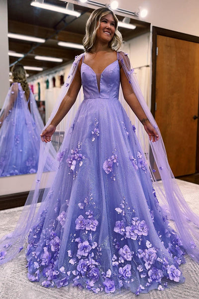 Lavender 3D Floral Lace A-Line Prom Dress with Cape Sleeves | KissProm