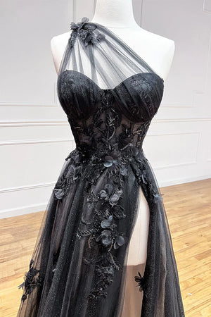A Line One Shoulder Black Long Prom Dress with Appliques | KissProm