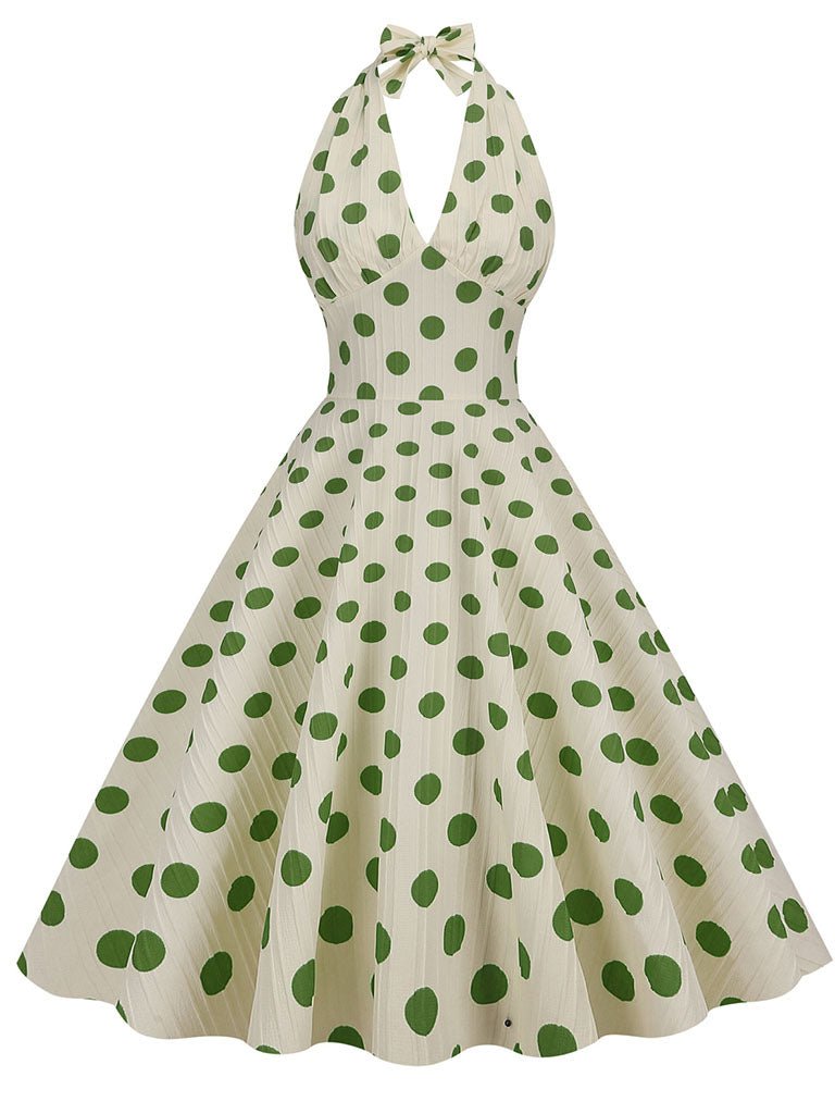 Polka Dots Halter Audrey Hepburn Style 1950s Vintage Dress with Bow Backless, Green / L, image size:768x1024