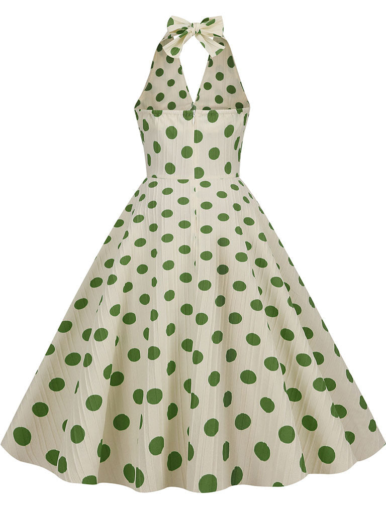 Polka Dots Halter Audrey Hepburn Style 1950S Vintage Dress With Bow Backless