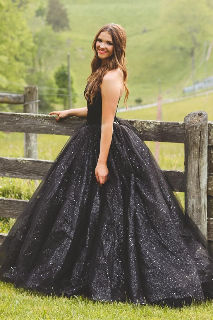 Glitter Sweetheart Black Long Prom Ball Gown