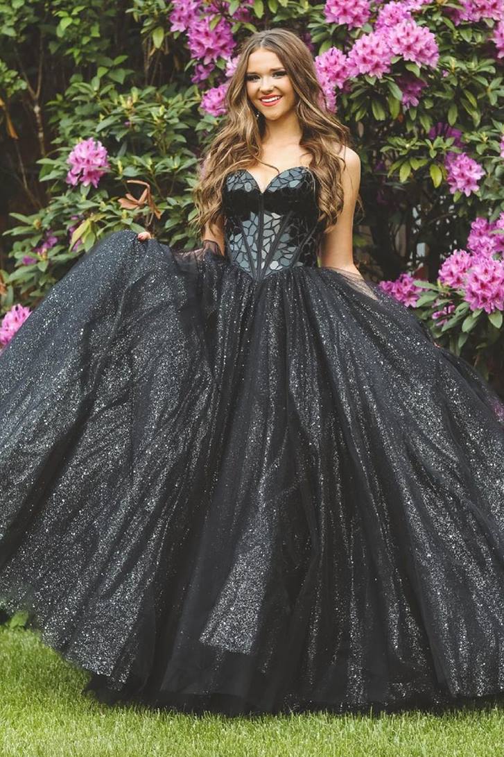 Glitter Sweetheart Black Long Prom Ball Gown