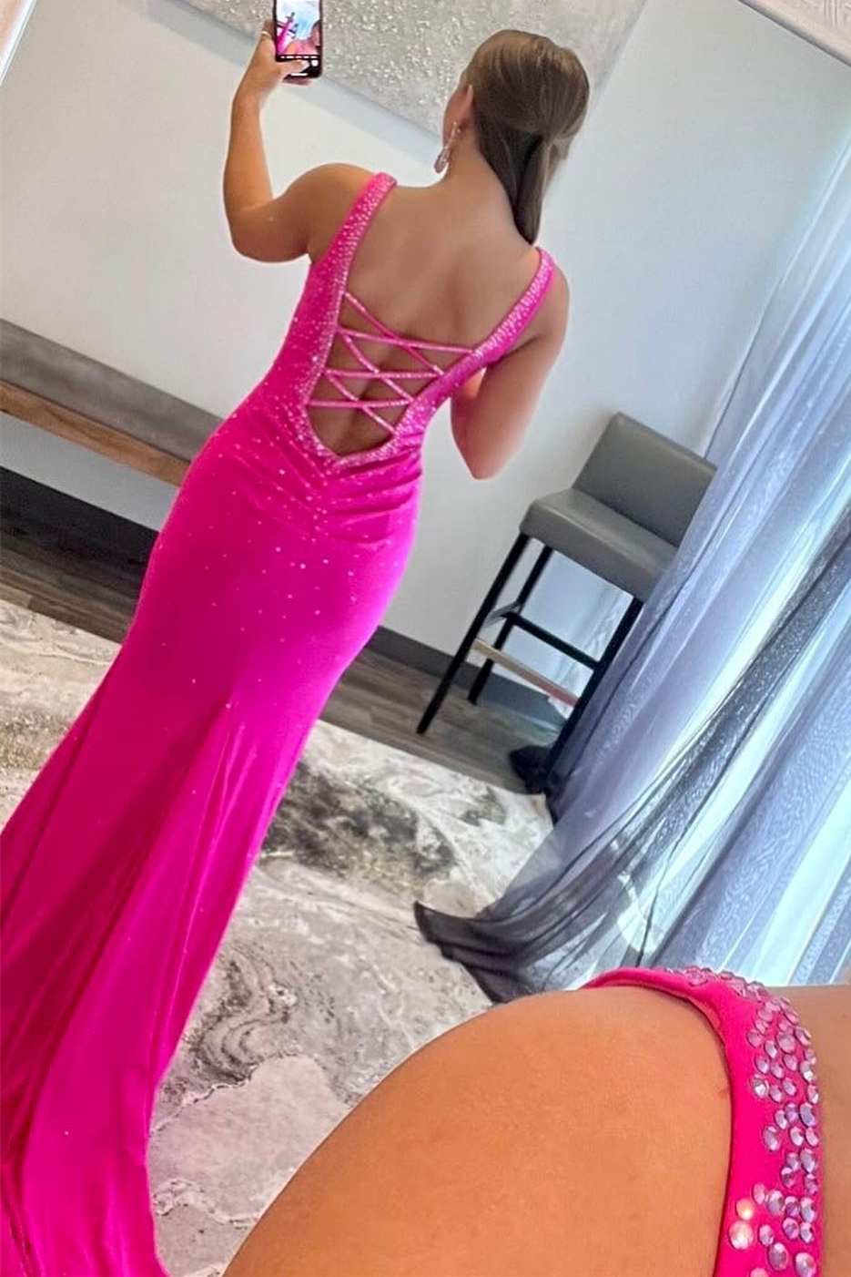 Elle |Mermaid V-Neck Beaded Satin Prom Dress with Cross Back