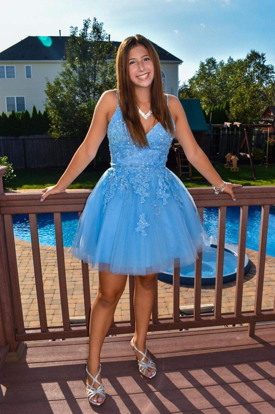 V Neck Short Sky Blue Homecoming Dress