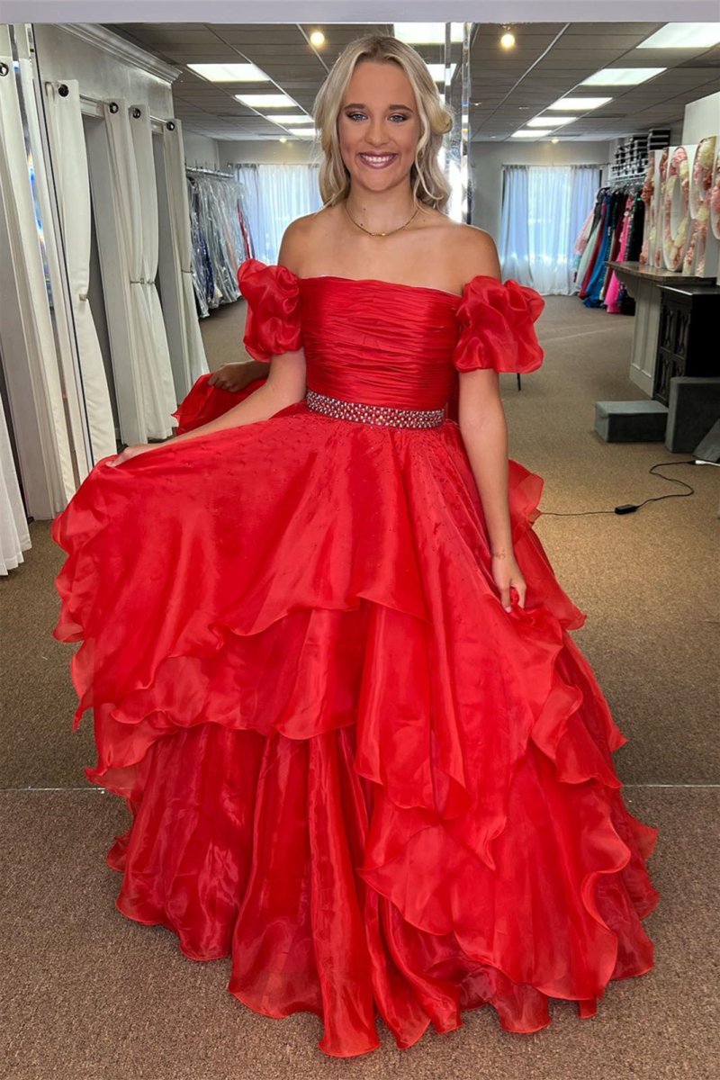Giovanna | Red Off - the - Shoulder Layers Beaded Tulle Long Prom Dress - KissProm