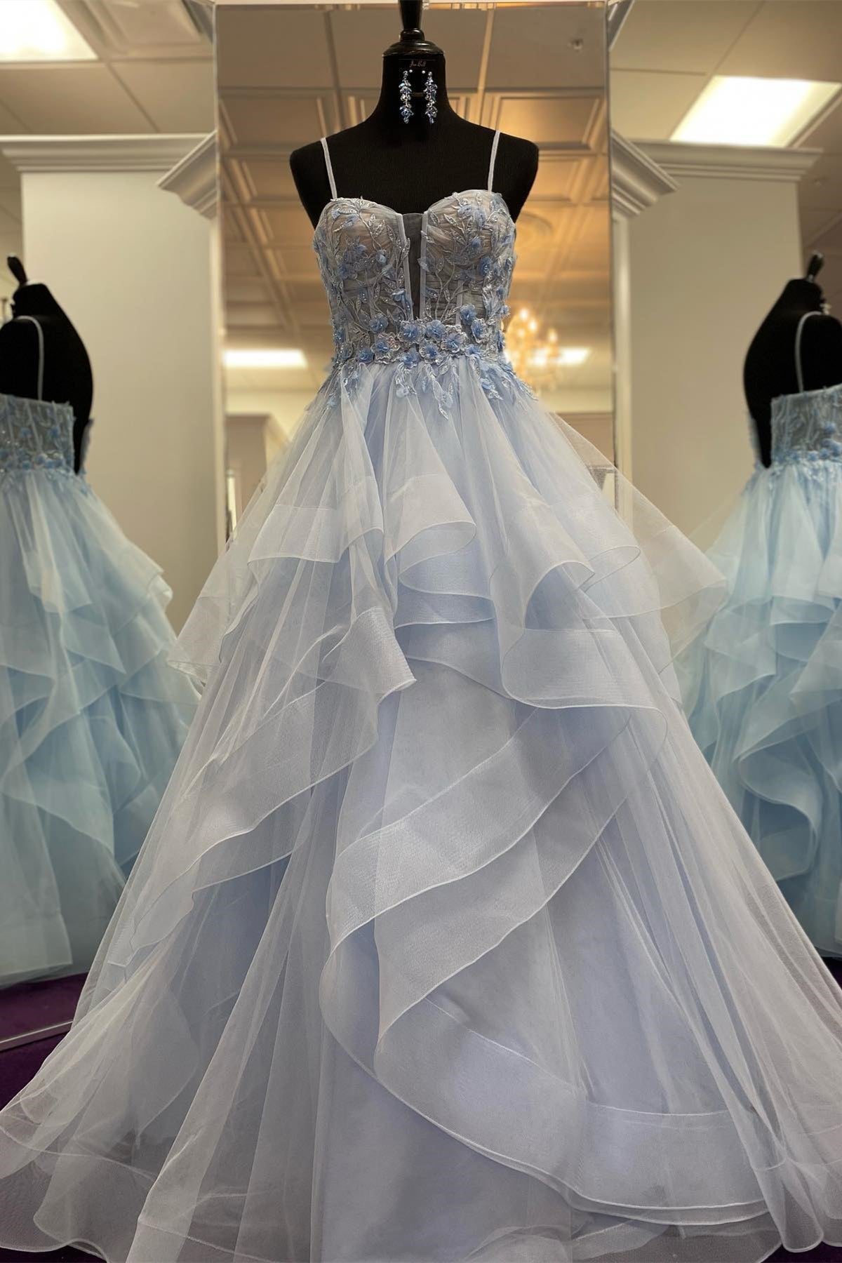 Channel | Light Blue Straps Layers Floral A-line Long Prom Dress