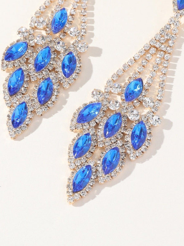 Blue Statement Rhinestones Tassel Long Earrings - KissProm