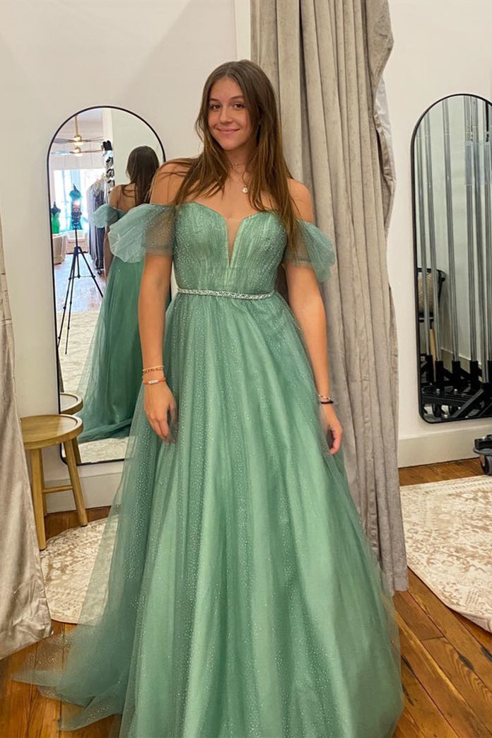 Lilyana | Sea Glass Tulle A-line V Neckline Off-Shoulder Long Prom Dress