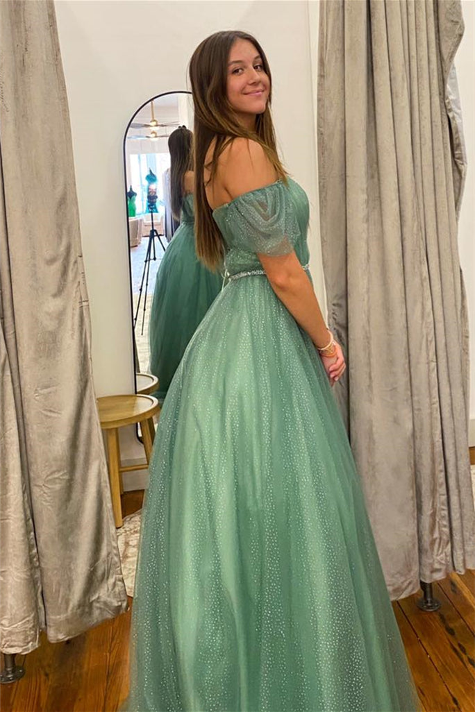 Lilyana | Sea Glass Tulle A-line V Neckline Off-Shoulder Long Prom Dress