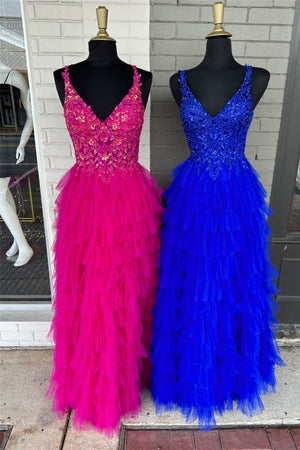 Avah | Fuchsia Layers Floral Tulle A - line Long Prom Dress - KissProm