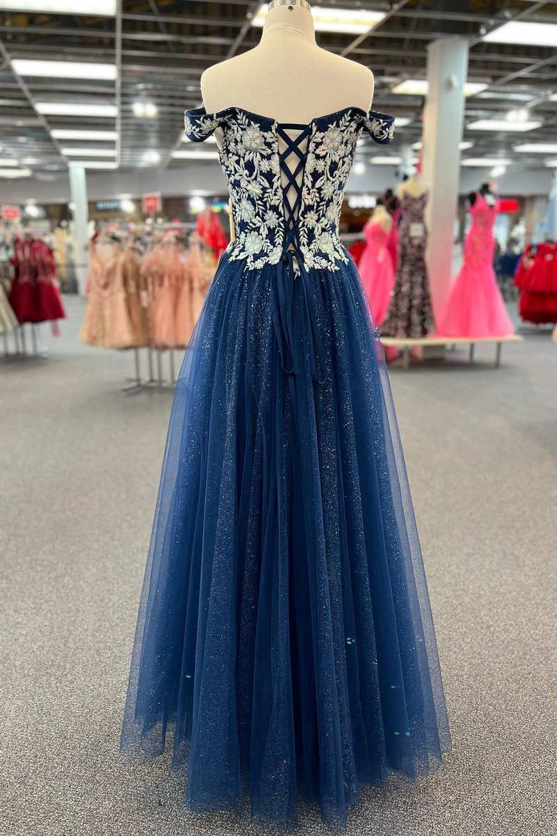 Shay | Navy Blue Floral Applique Lace-Up A-Line Long Prom Dress