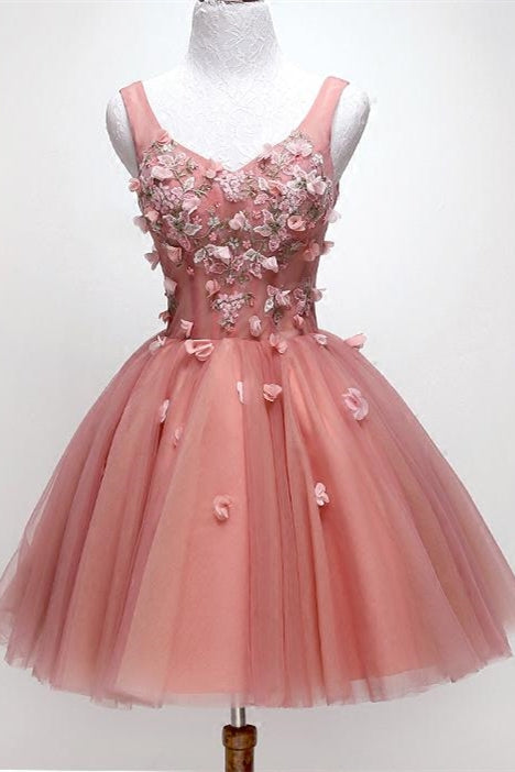 Princess V-Neck Blush Pink Homecoming Dress with Flowers
