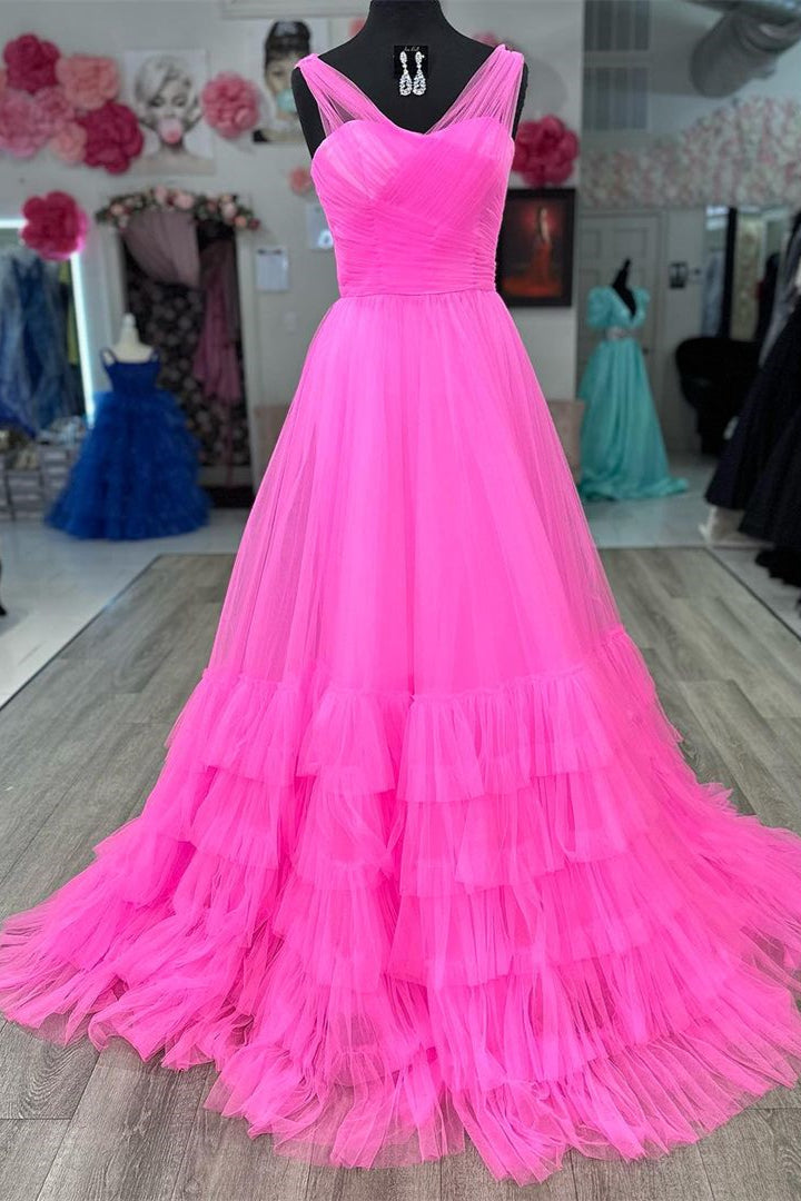 Mariam |A line Illusion V Neck Layers Tulle Prom Dress