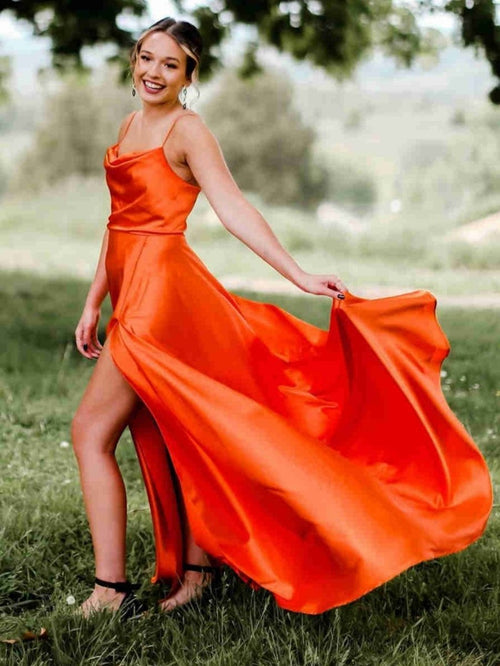 Araya |A Line Cowl Neck Satin Prom Dress With Slit - KissProm