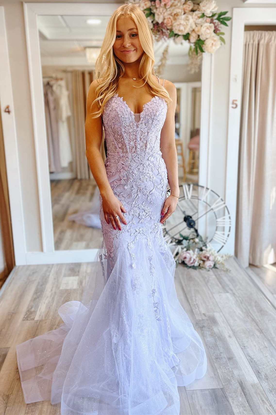 Leighton |Mermaid V neck Lace Glitter Tulle Prom Dress