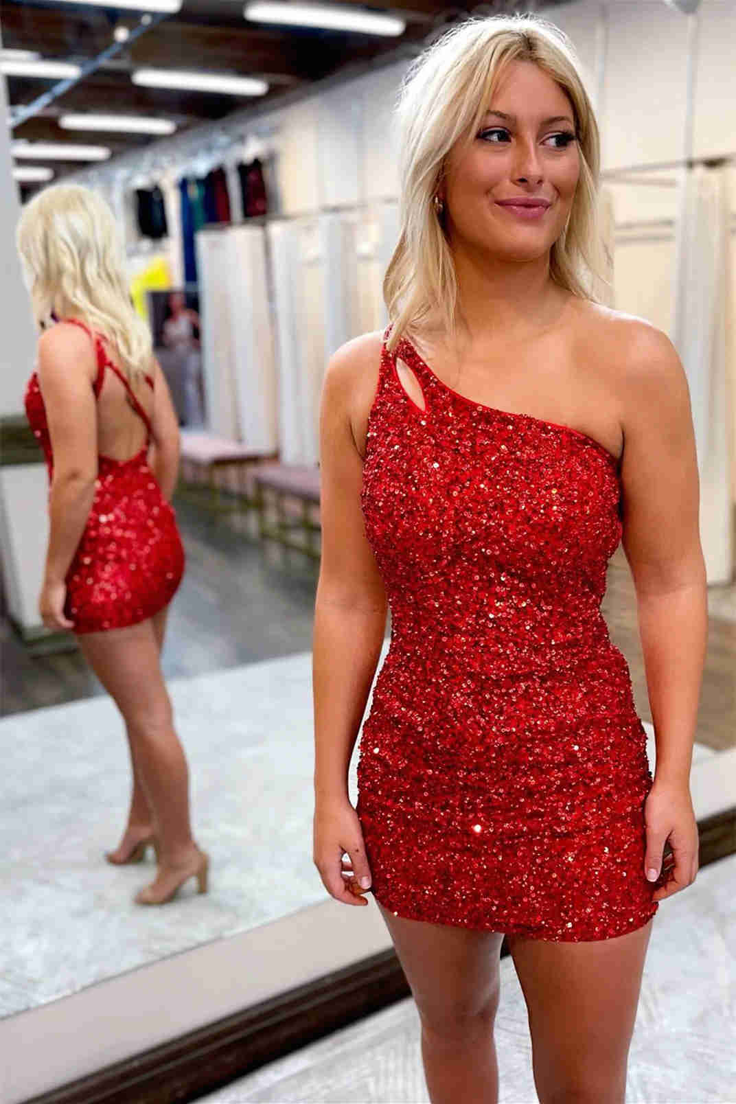Magdalene |Bodycon One Shoulder Sequins Homecoming Dress
