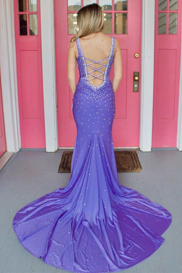 Elle |Mermaid V-Neck Beaded Satin Prom Dress with Cross Back