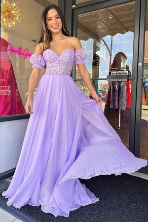Rachel |A line Sweetheart Chiffon Prom Dress with Puff Sleeves