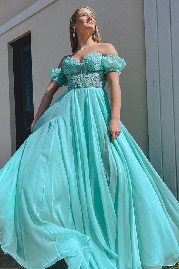Rachel |A line Sweetheart Chiffon Prom Dress with Puff Sleeves