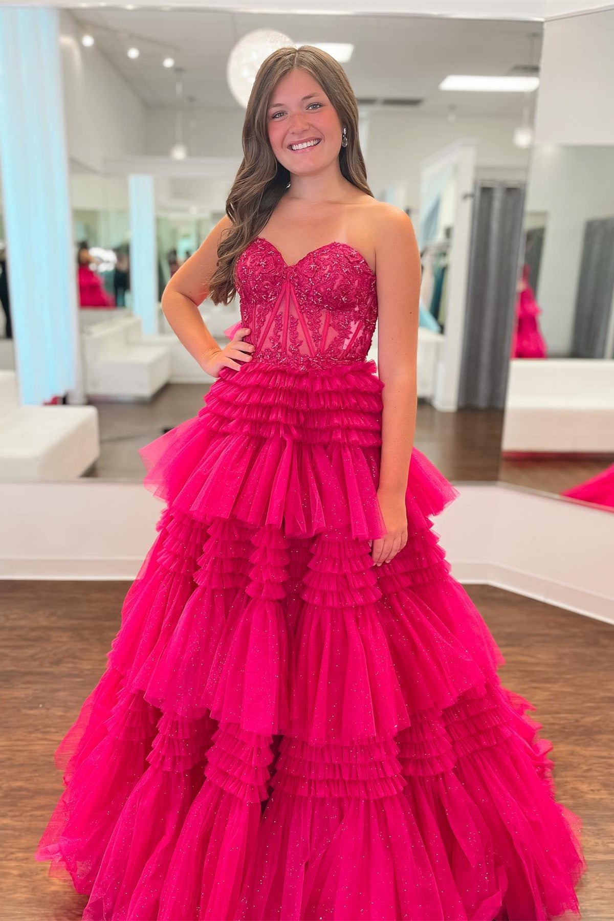 Adelyn |Fuchsia A-Line Sweetheart Tiered Tulle Prom Dress