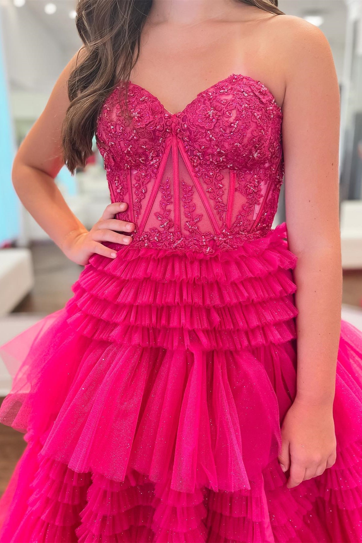 KissProm Sutton |A-line Corset Strapless Tulle Prom Dress with Ruffles, Pink / 0