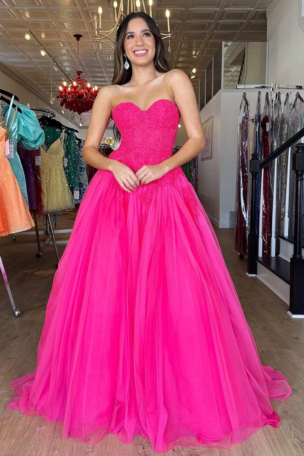Amora |A-Line Hot Pink Tulle Lace StraplessLong Prom Dress