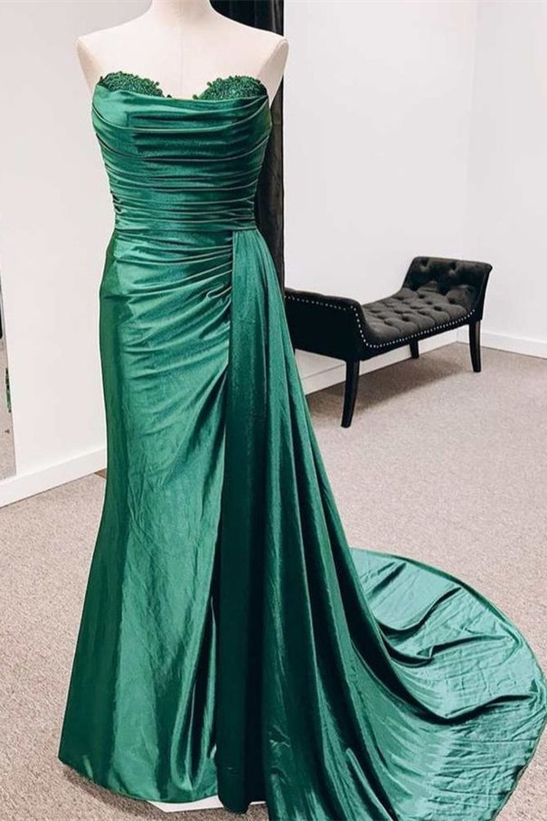 Fuchsia Strapless Mermaid Satin Pleated Long Prom Dress