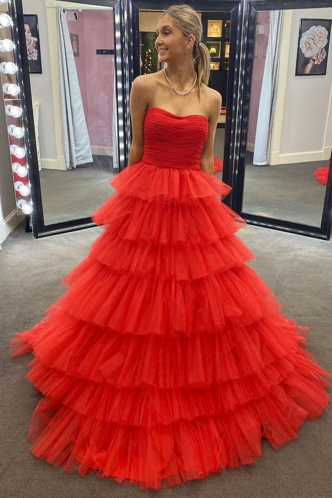 Daleyza |A-Line Strapless Tiered Tulle Prom Dress with Ruffles